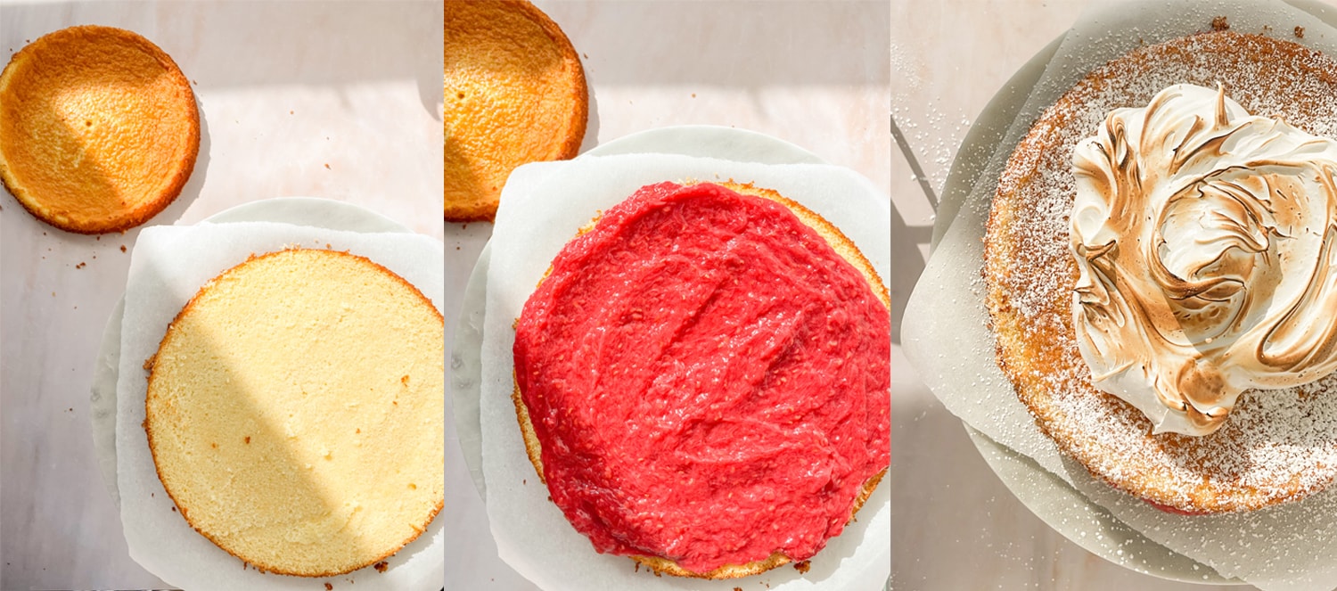 Process images of how to layer and assemble a Rhubarb Meringue Cake. 