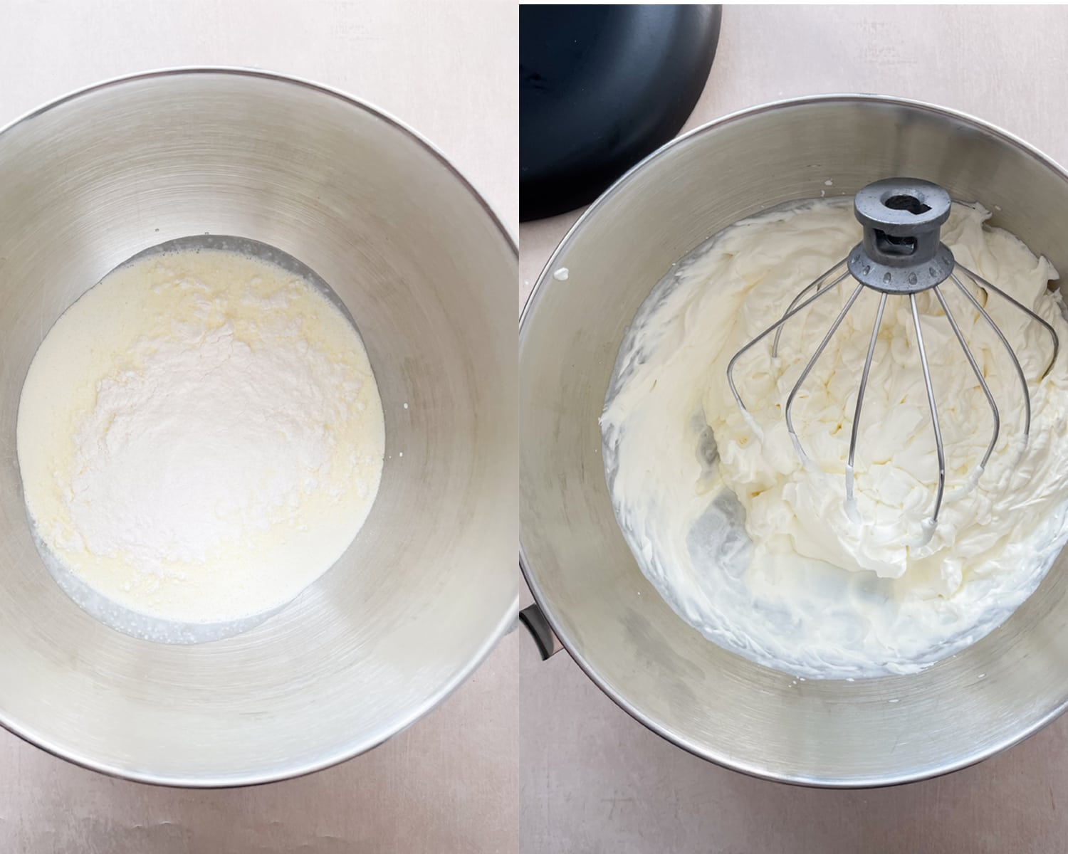 Process images for making stabilized whipped cream for Black Forest Cake. 
