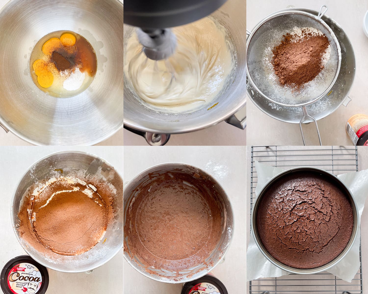 Process images for making the chocolate cake of a Black Forest Cake. 