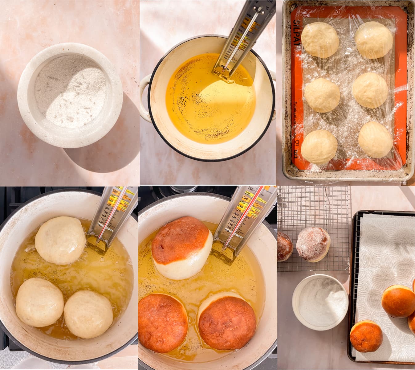 Step by step of to make vanilla sugar, and fry bavarian cream donuts. 