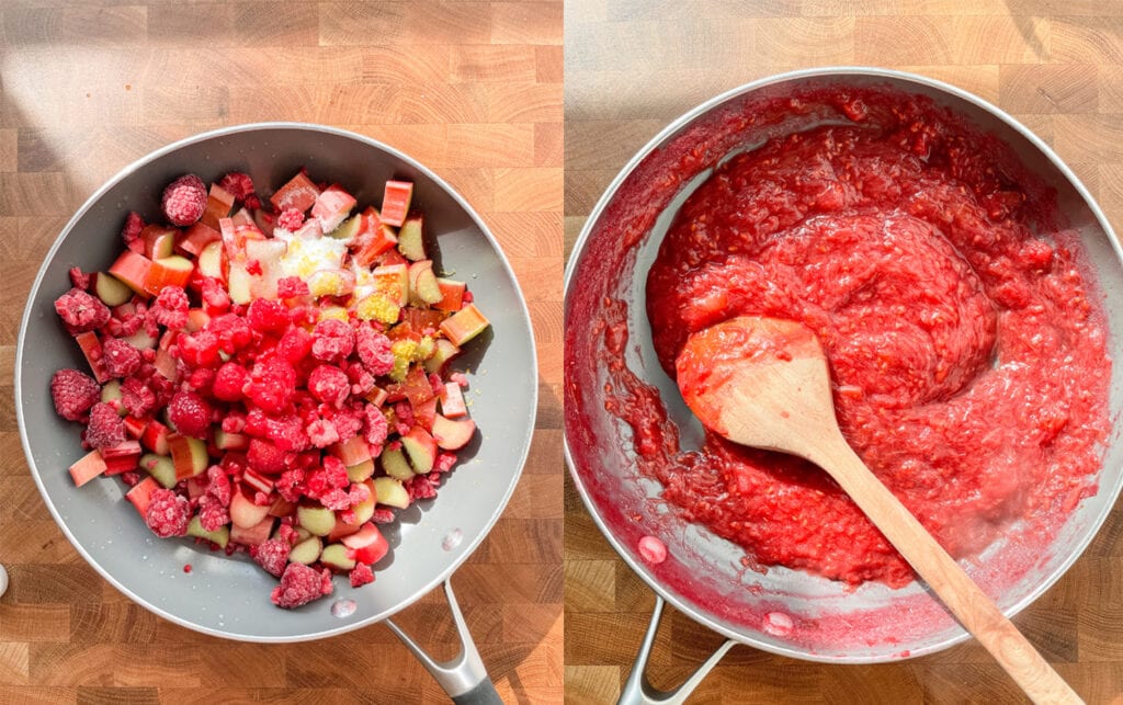2 process images showing how to cook down rhubarb compote.