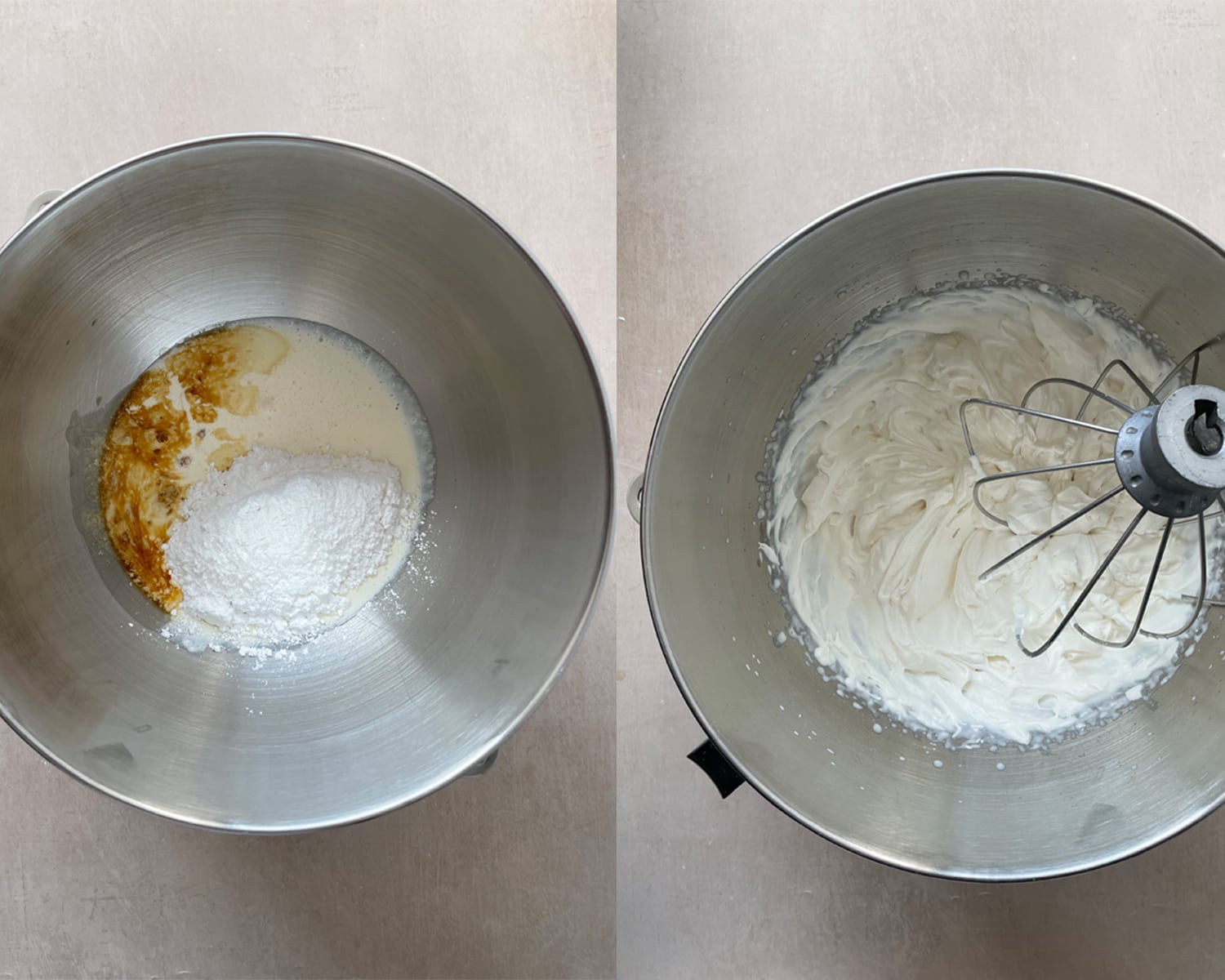 Process of making vanilla whipped cream topping for an ice cream cake. 