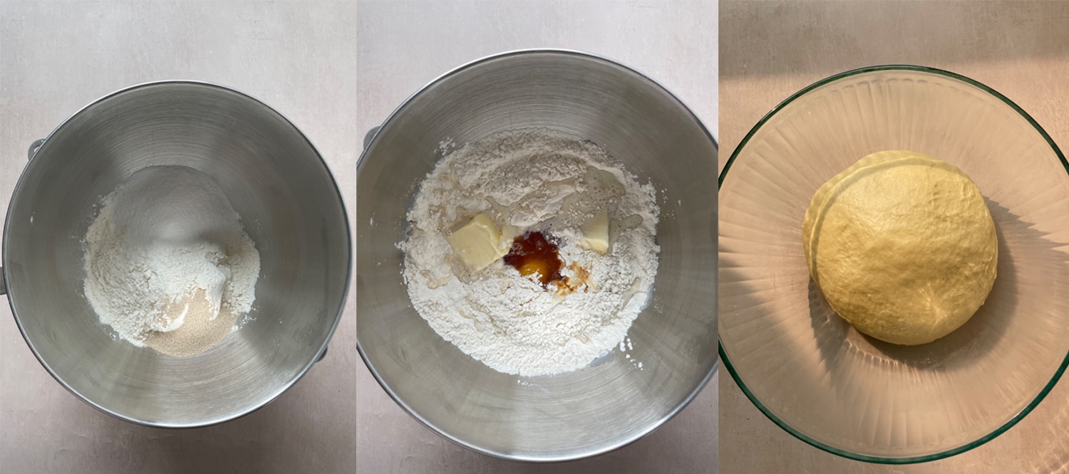 Process of making the yeasted dough for lemon blueberry pastries.