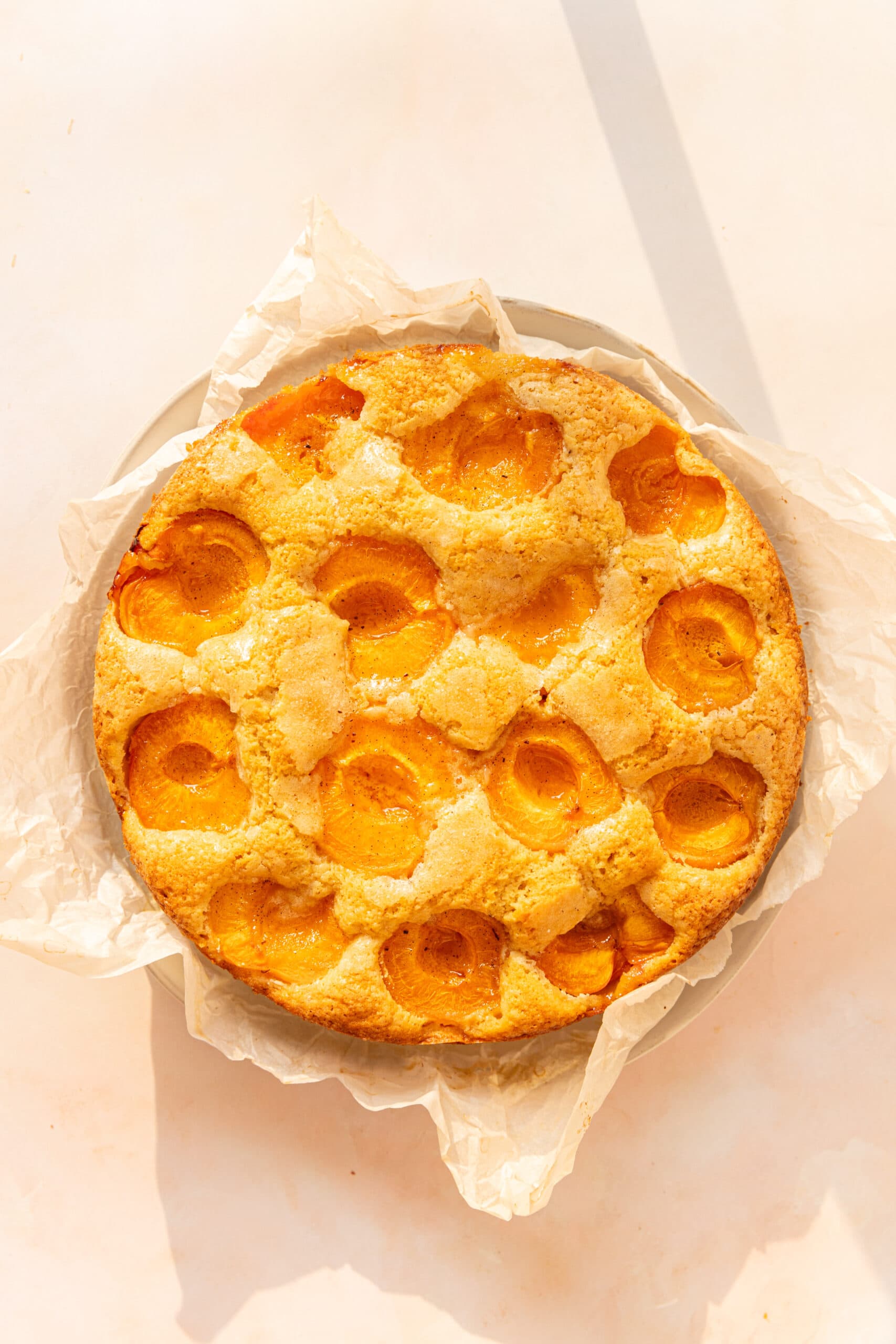 Overhead view of an entire apricot cake with a crunchy sugar top on parchment paper. 