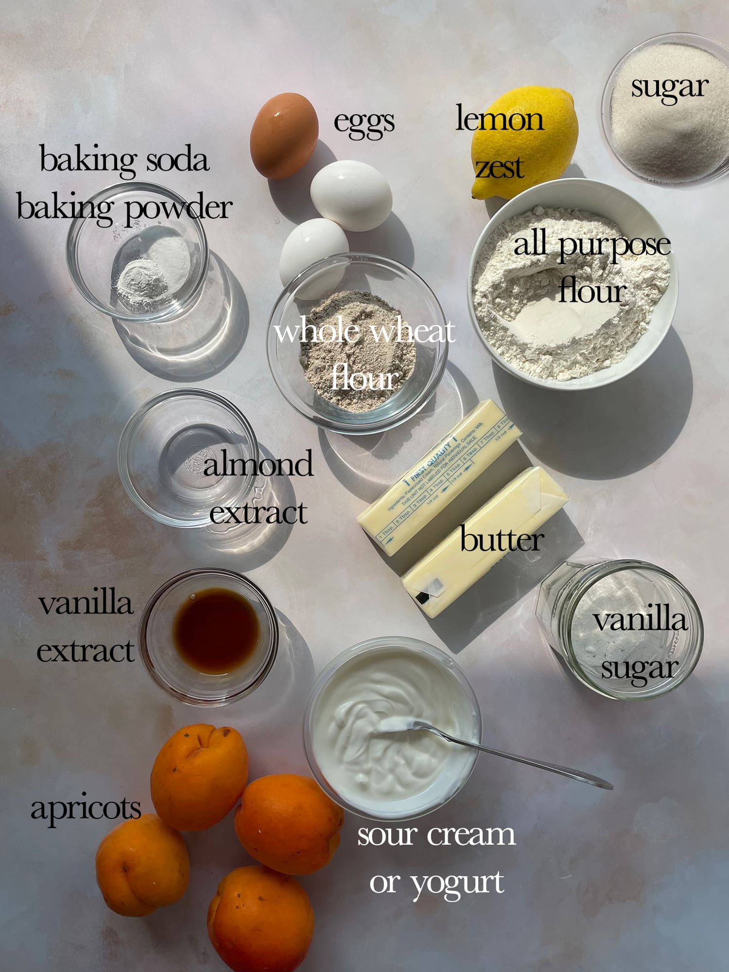 Image of the ingredients needed for a German apricot cake. 