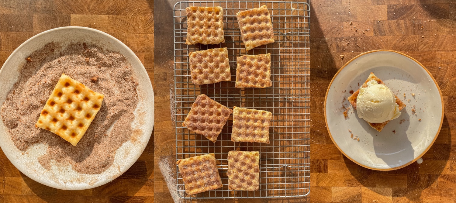 Process of assembling puff pastry waffles into ice cream sandwiches. 