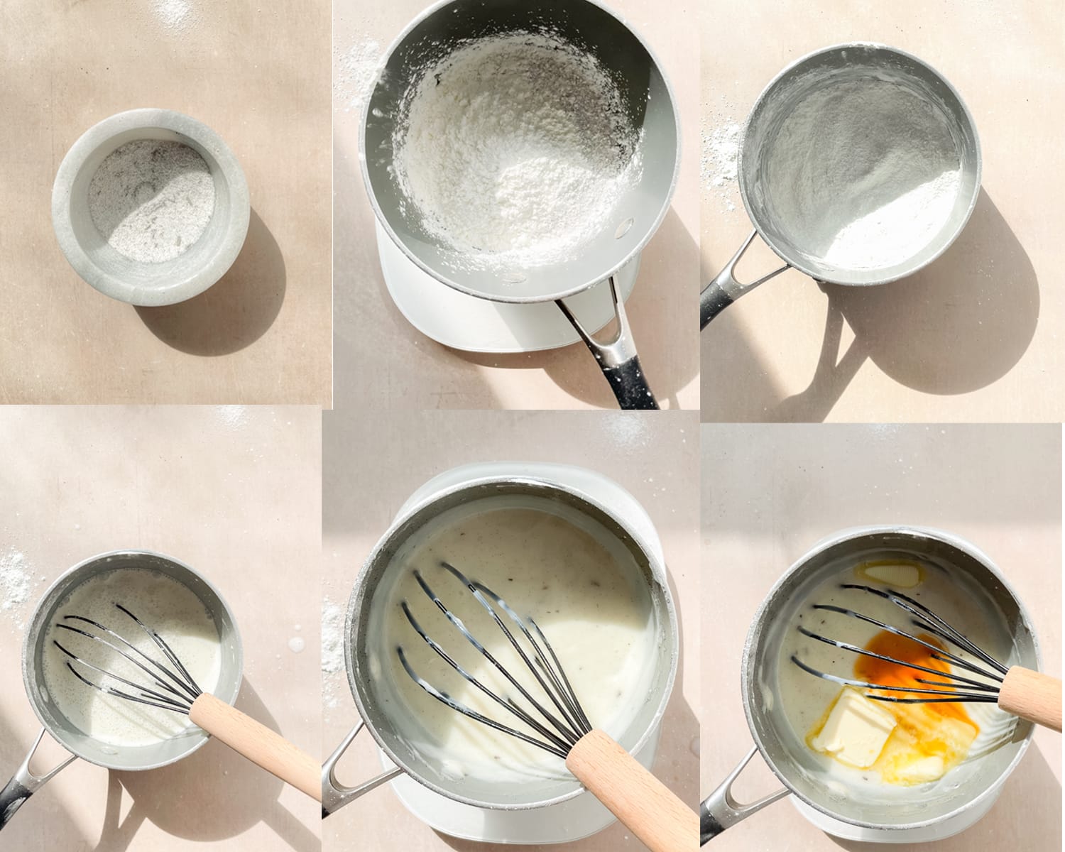 Process of cooking homemade vanilla pudding. 