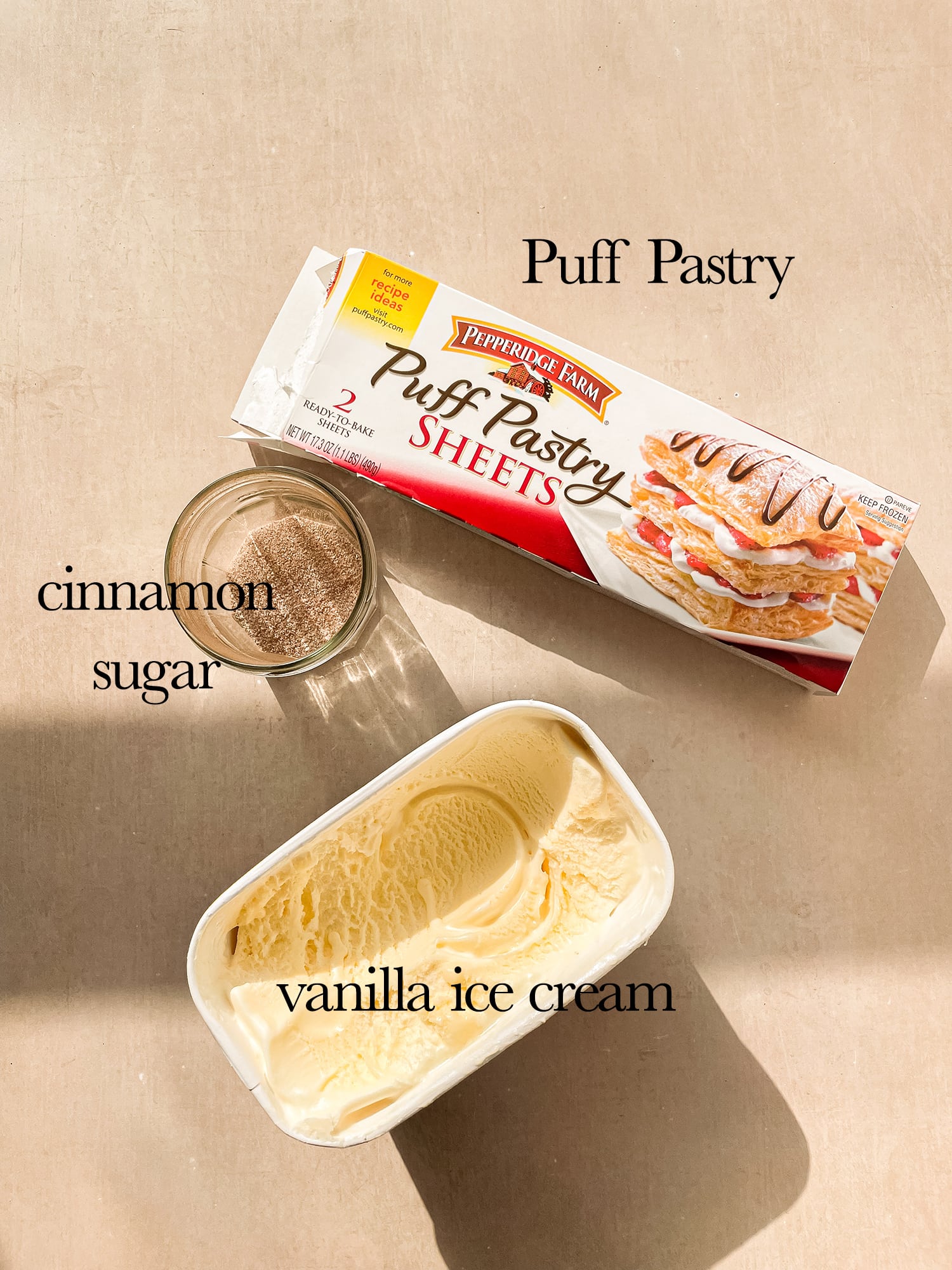 Ingredients needed to make puff pastry waffles and then turn them into vanilla ice cream sandwiches.