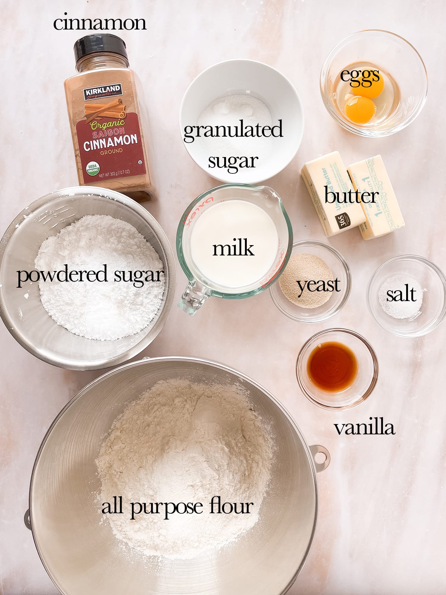 Ingredients needed for cinnamon roll monkey bread labeled. 