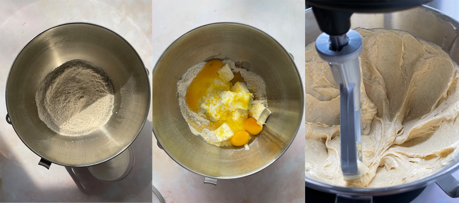 Process of making the vanilla cake batter for an apricot cake.