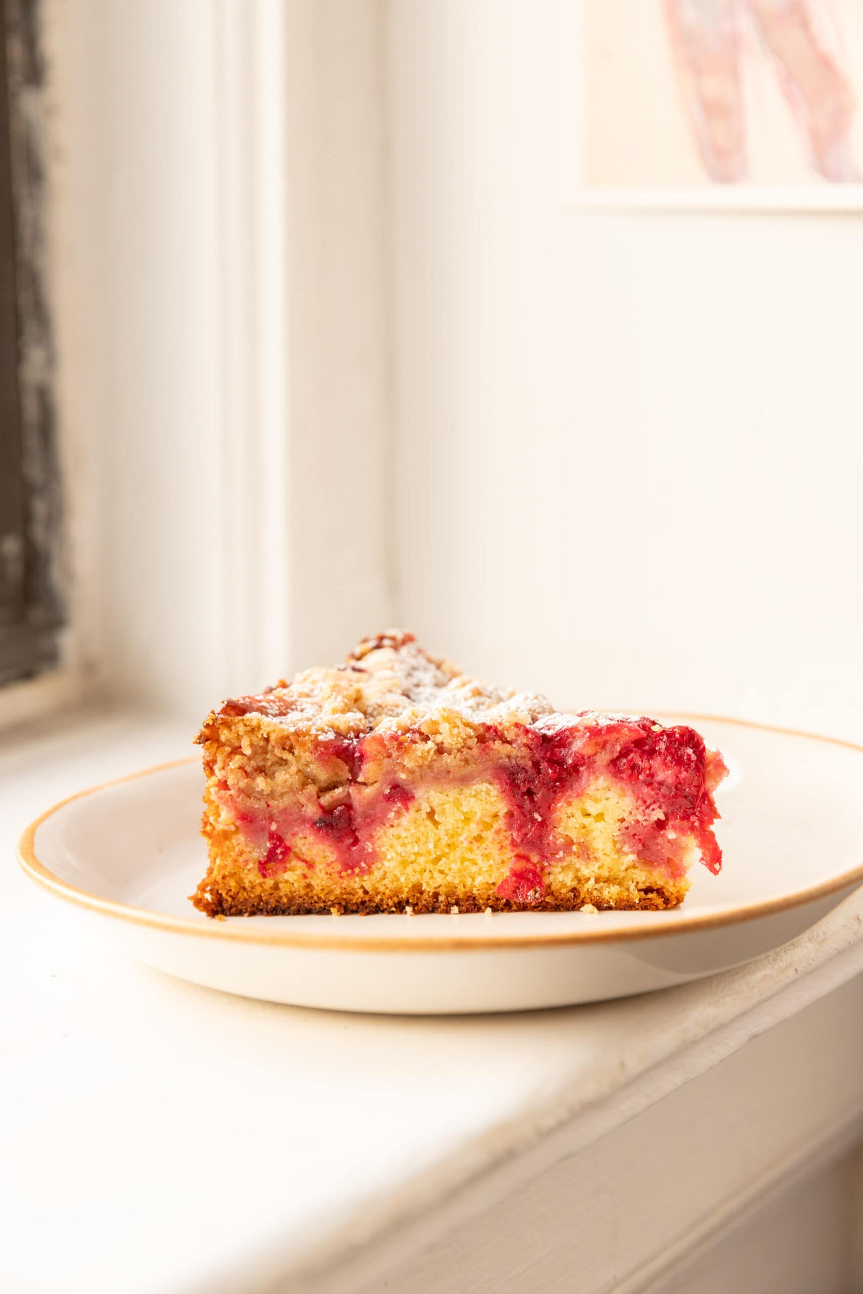 Side view of a slice or red currant cake on a white ceramic plate.