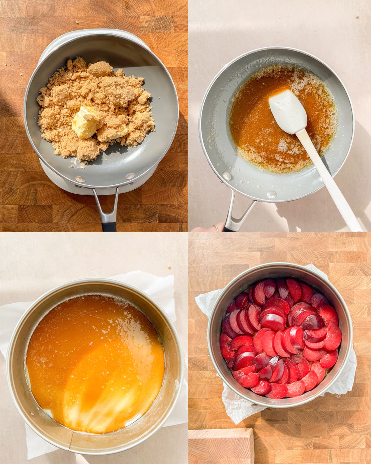 Process images for how to make the base caramel and arrange the plums for an upside down plum cake. 