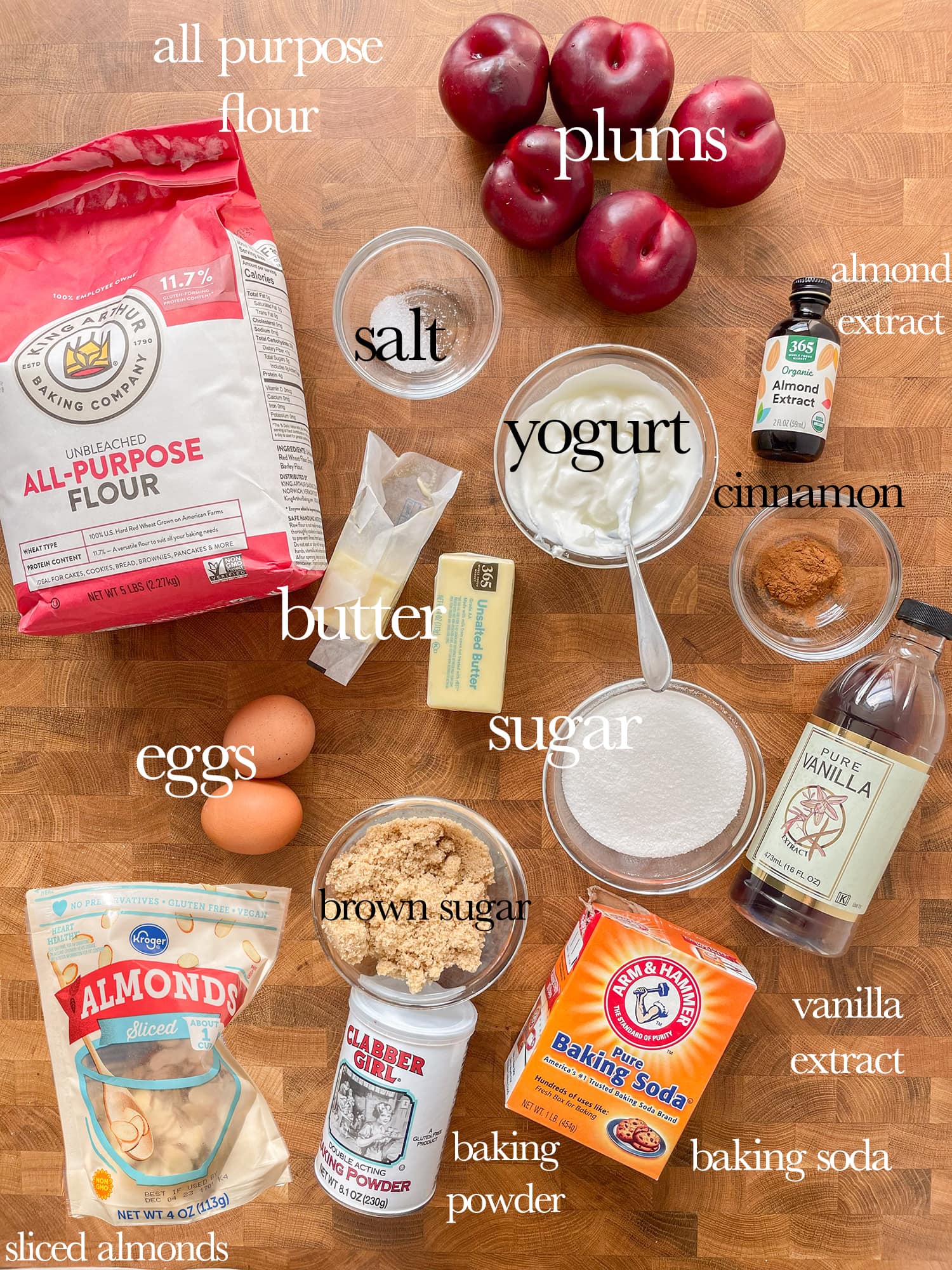 Ingredients laid out and labeled for making a plum upside down cake with  almonds. 