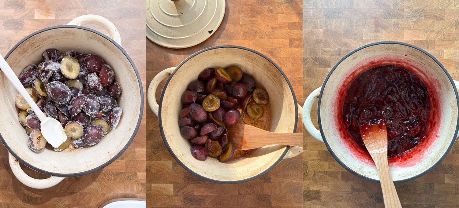 Process of macerating and cooking plums to make plum butter.