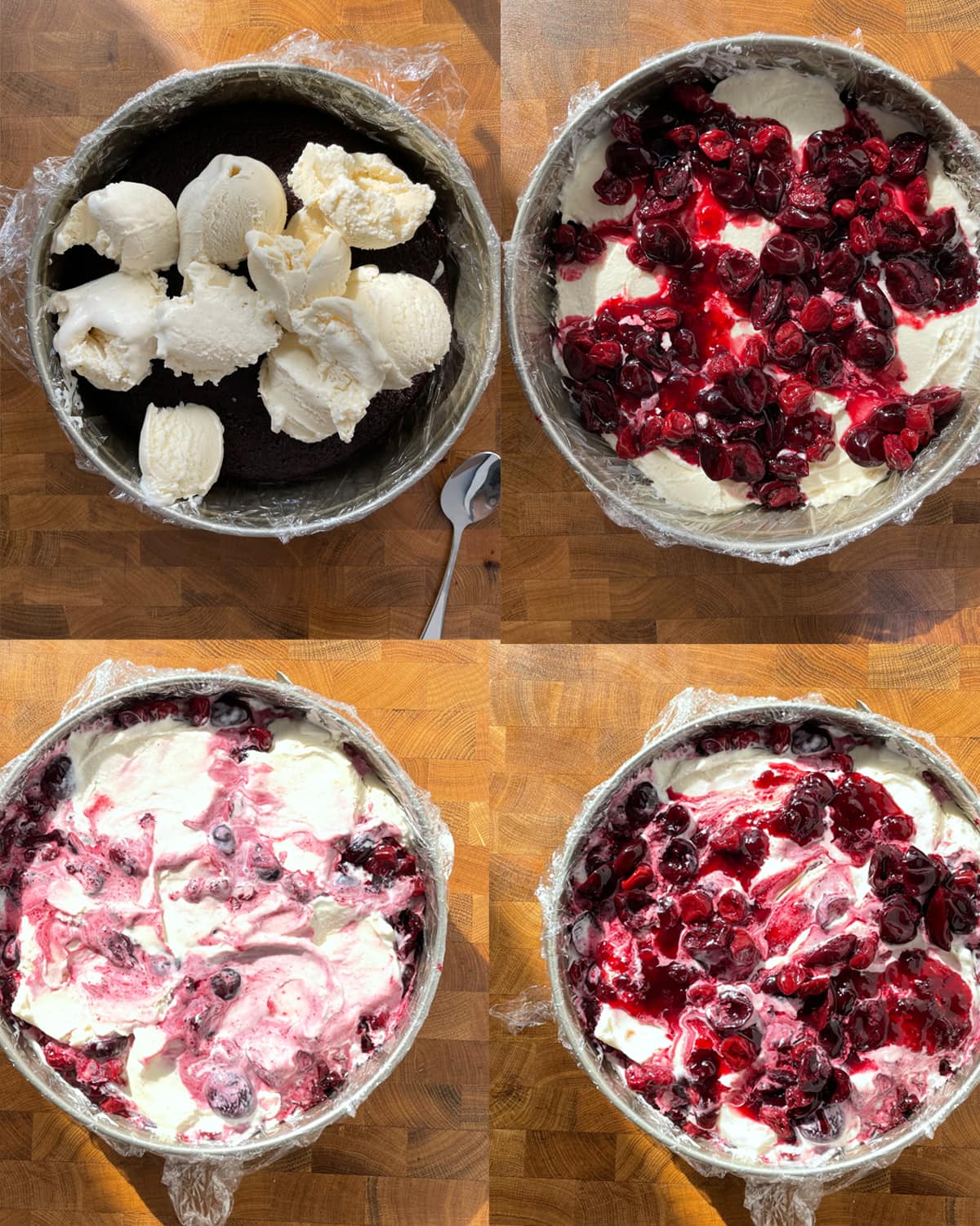 Process of layering and assembling a black forest ice cream cake. 