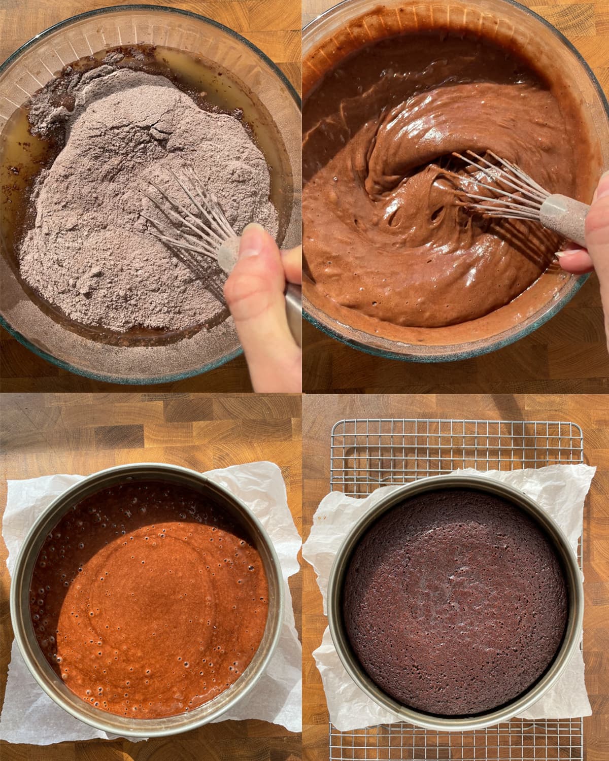 Process of mixing and baking a chocolate cake with wild rye cake mix. 