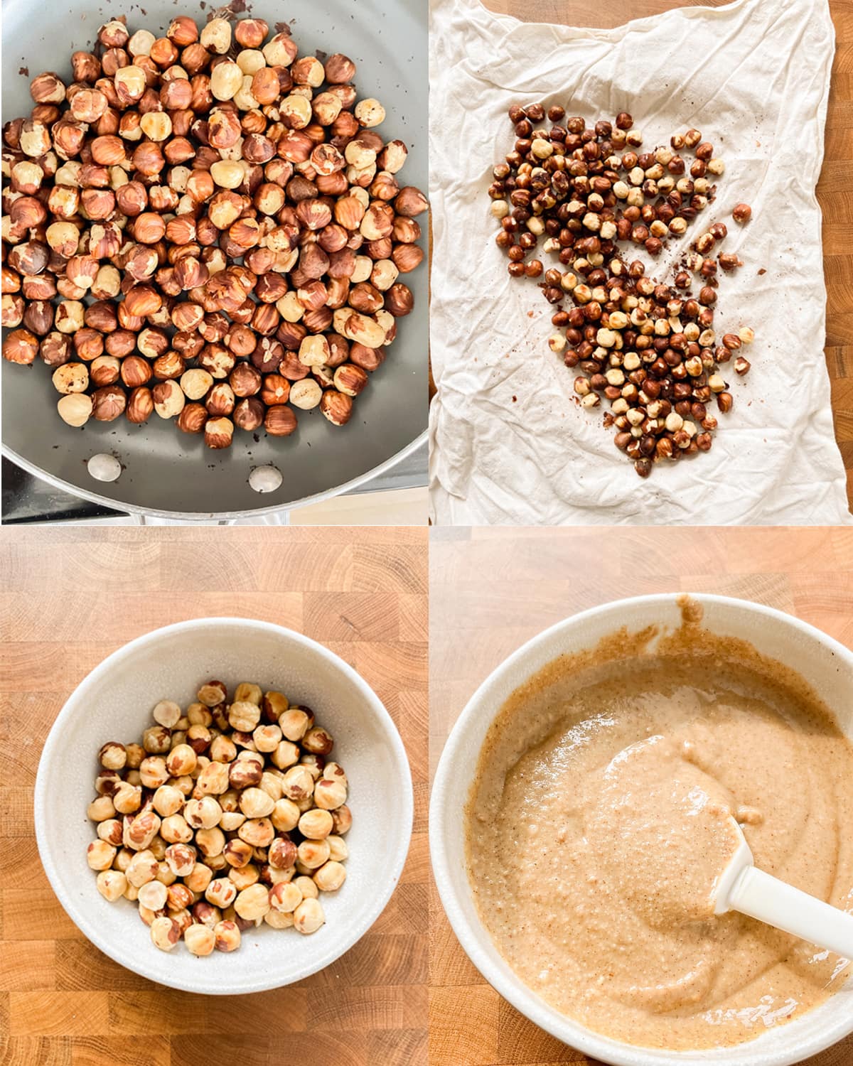 Step by step instructions for toasting peeling, and grinding hazelnuts into hazelnut butter. 