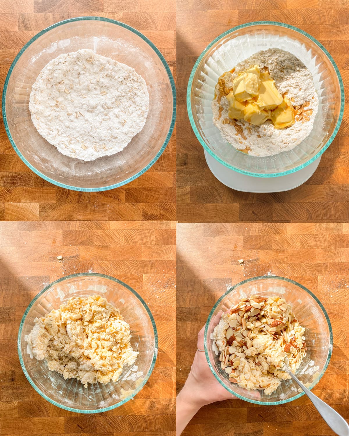Process of mixing an oat streusel in a glass mixing bowls. 