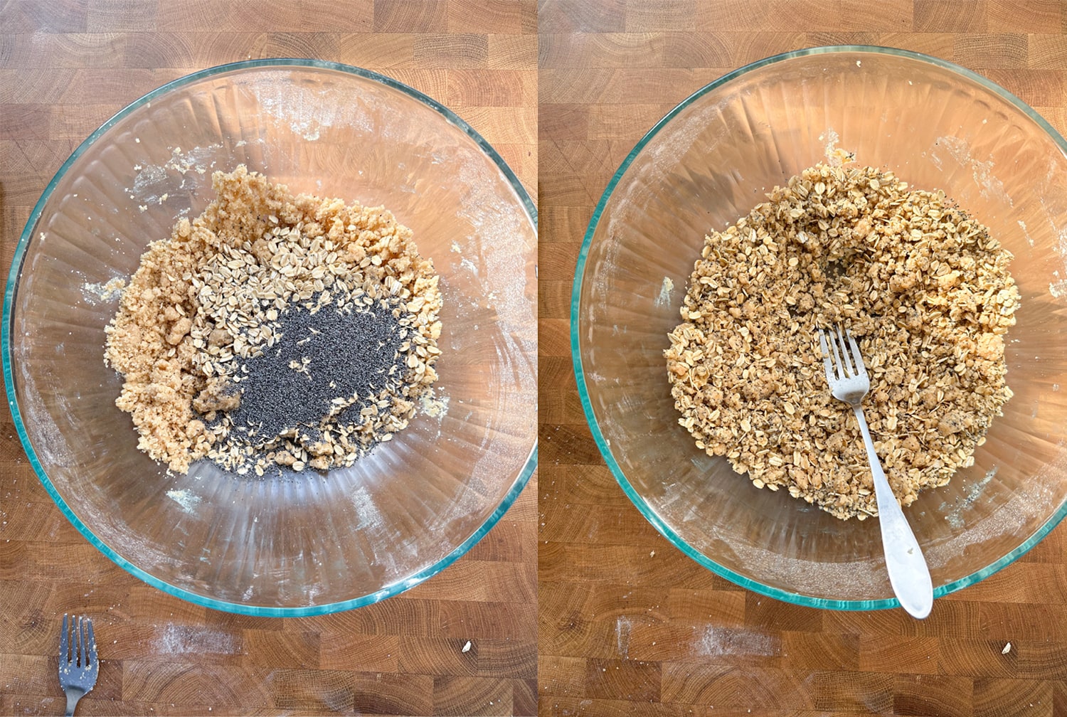Process of mixing the remaining bar base dough with poppyseeds and oats.