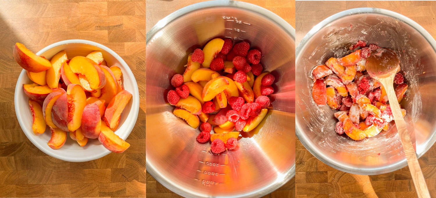 Process of mixing the fruit and coating it in flour. 
