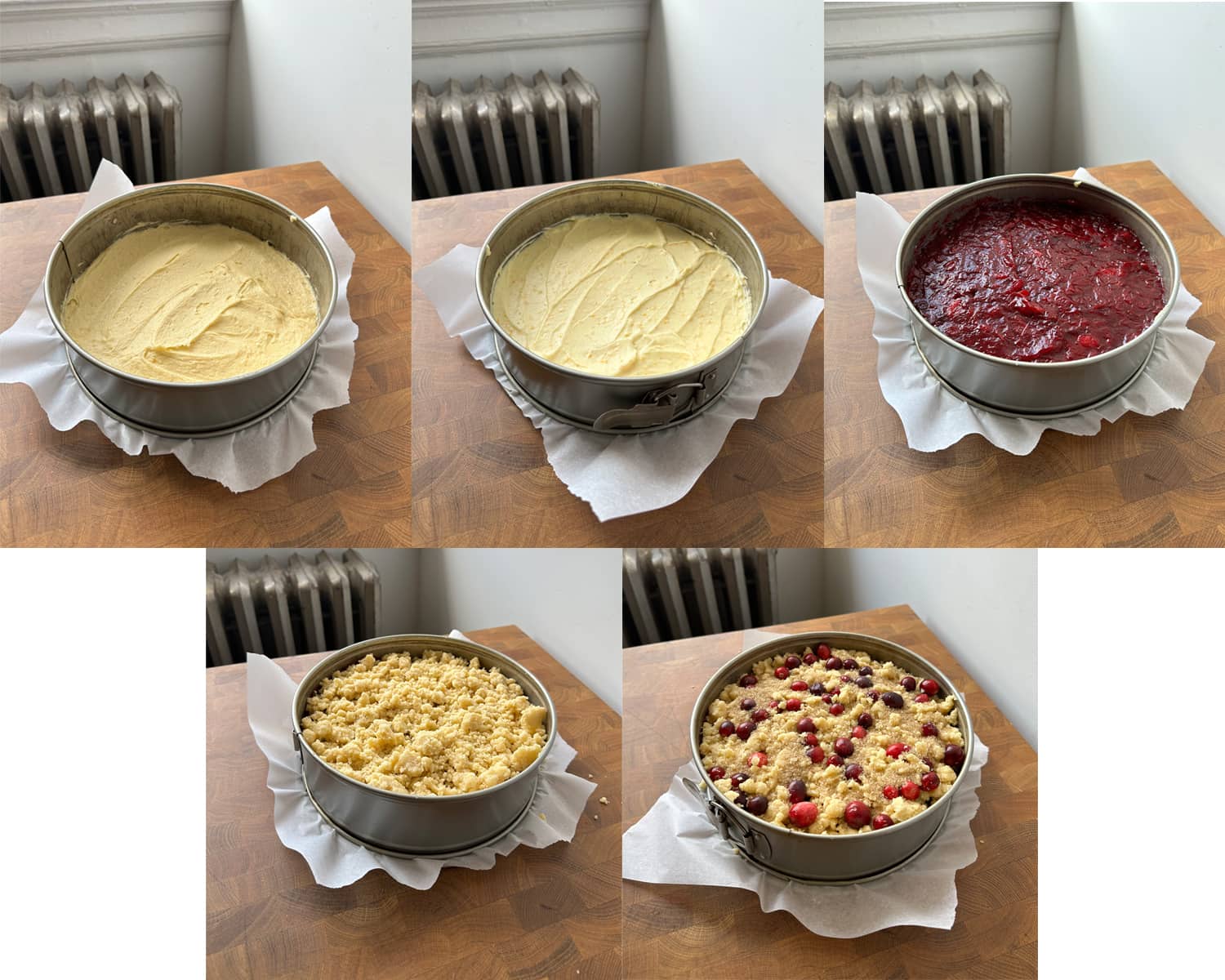 Step by step images showing how to assemble a cranberry coffee cake. 