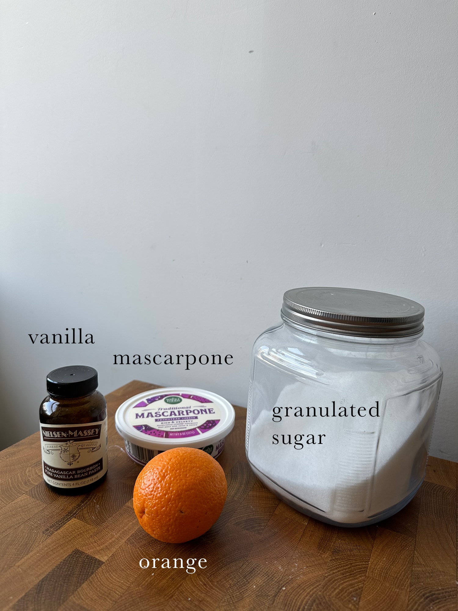 Ingredients needed to make the orange mascarpone layer of the cranberry coffee cake. 