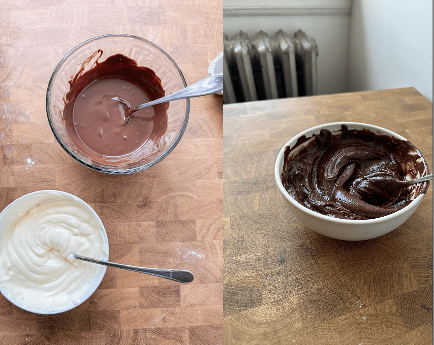 process of making the chocolate mascarpone filling for the hot chocolate cake.