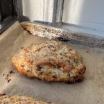 Close up of a freshly baked. buttermilk scone on a parchment lined baking sheet.