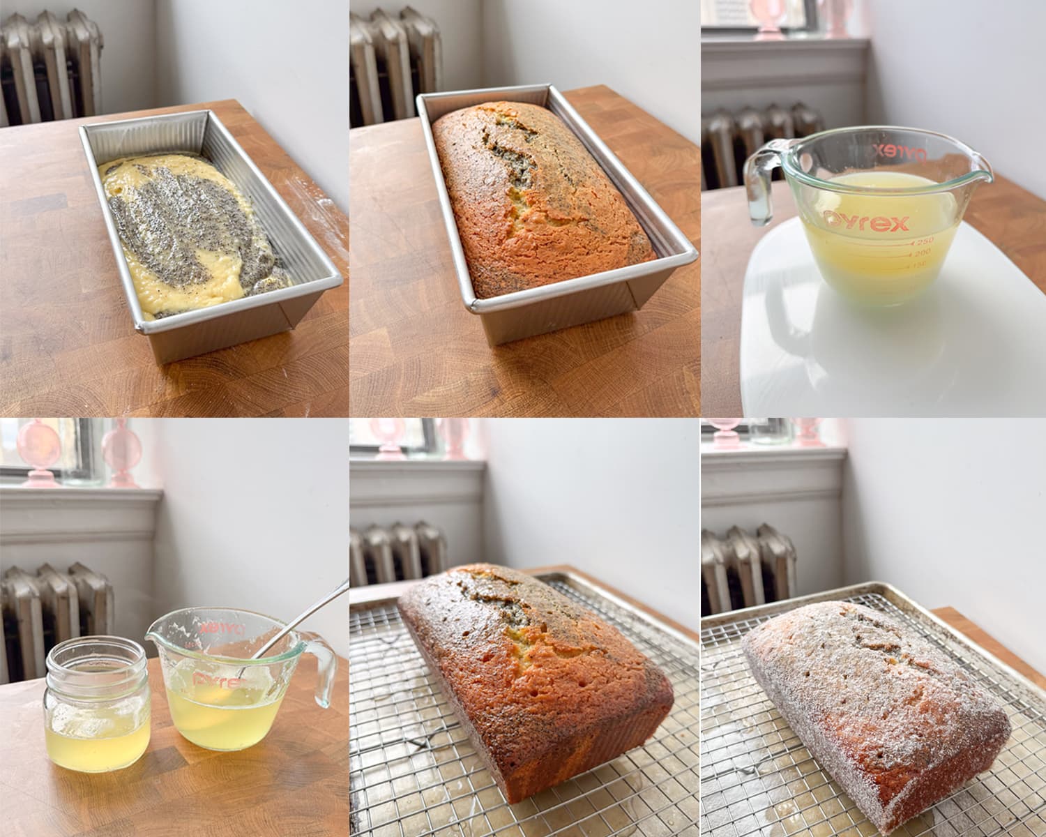 Step by step images showing how to bake, soak, and then sugar coat the lemon poppyseed loaf cake.