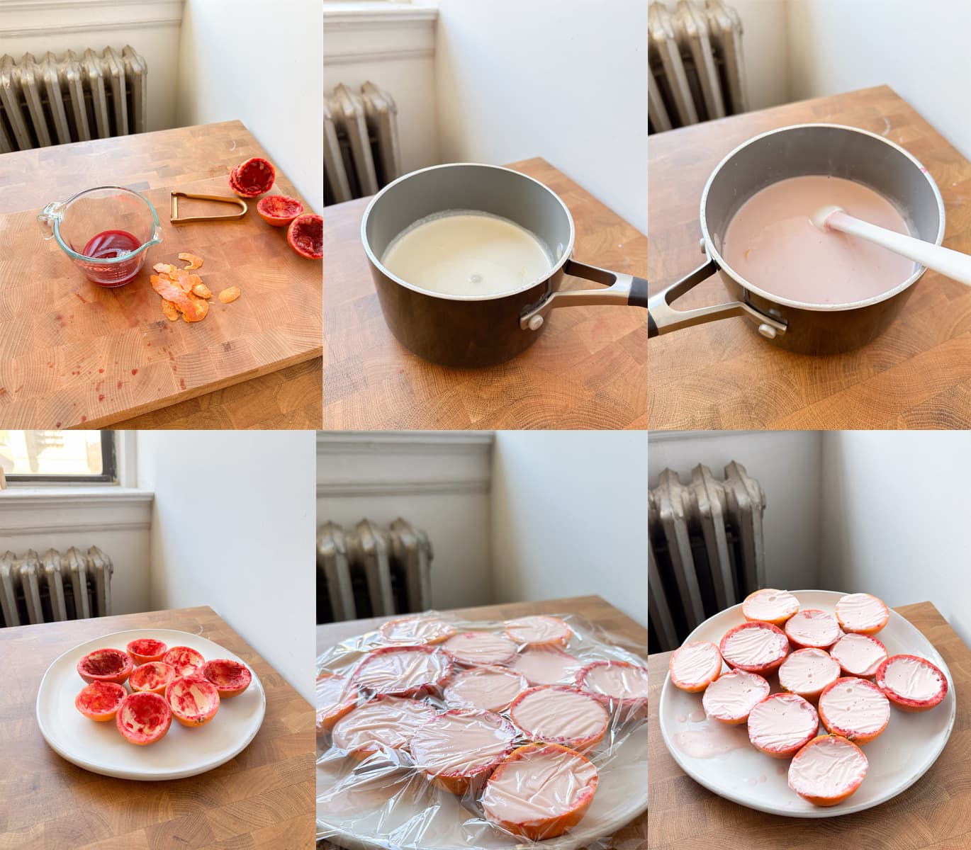 Step by step images showing how to cook and assemble blood orange possets.