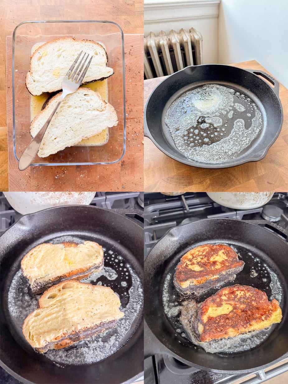 4 step by step images of soaking the sandwiches in the egg and cooking the stuffed french toast. 