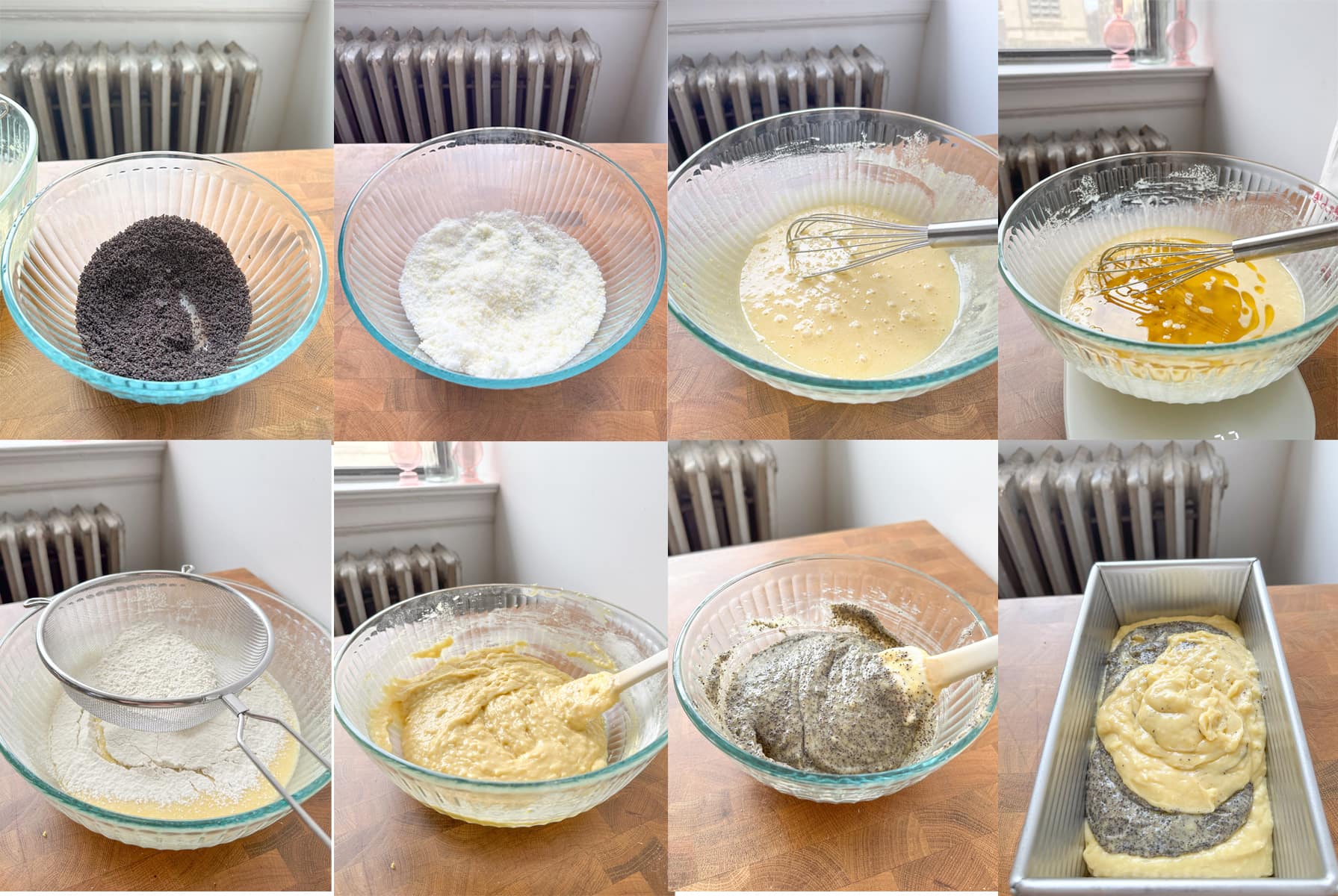 Process images showing how to make the regular lemon cake batter and the lemon poppyseed cake batter.
