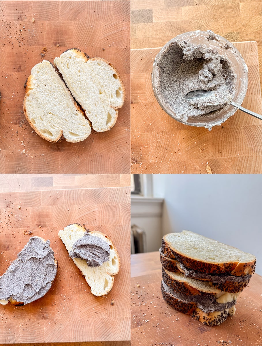 Step by step process of how to assemble poppyseed stuffed french toast. 
