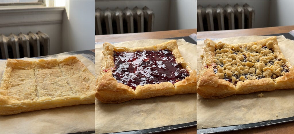 step by step images showing how to assemble the puff pastry, jam, and streusel before baking.