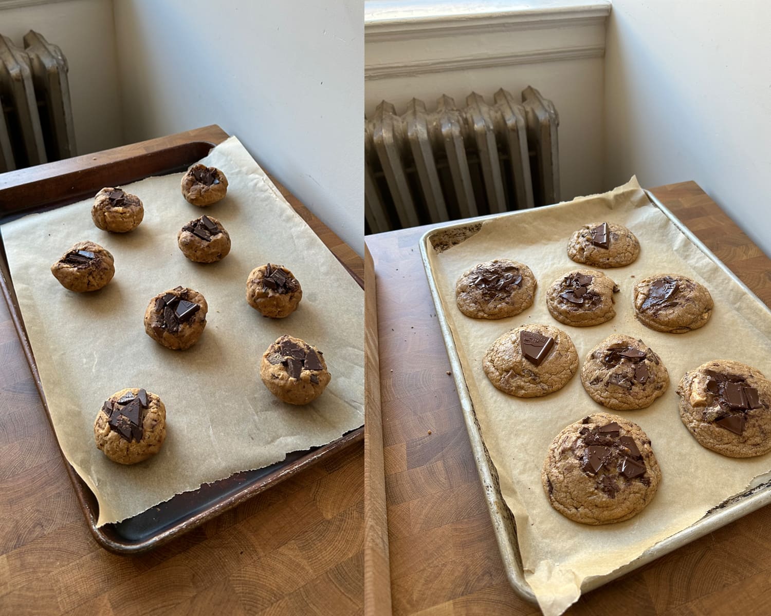 Chocolate chip cookies chilled and prepped on a baking sheet before and after baking.