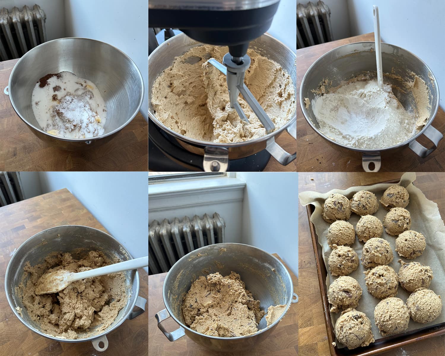 Step by step images showing how to mix and scoop chocolate chip cookie dough. 