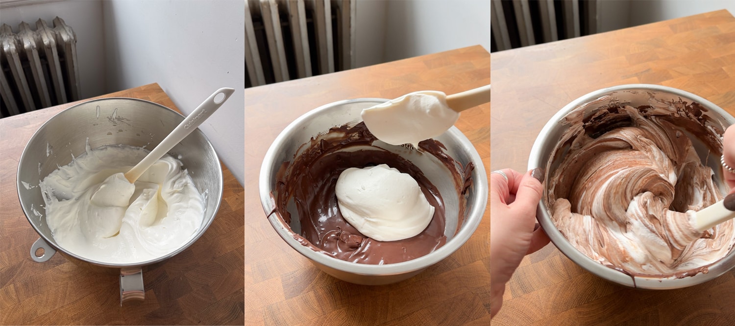 3 images showing how to fold softly whipped cream into the chocolate custard base for chocolate mousse. 