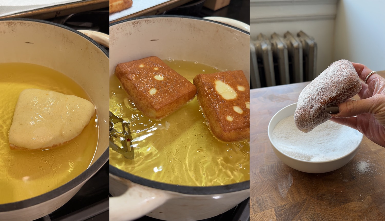 Step by step images of how to fry and then sugar roll doughnuts.