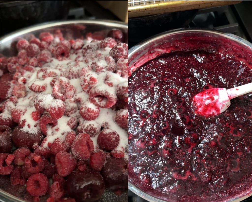 Process of making cherry and raspberry jam for the donut filling.