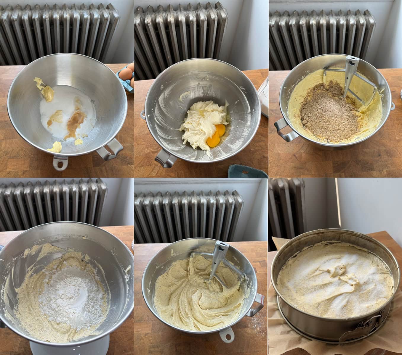 Step by step process of mixing the almond vanilla sponge cake base. 