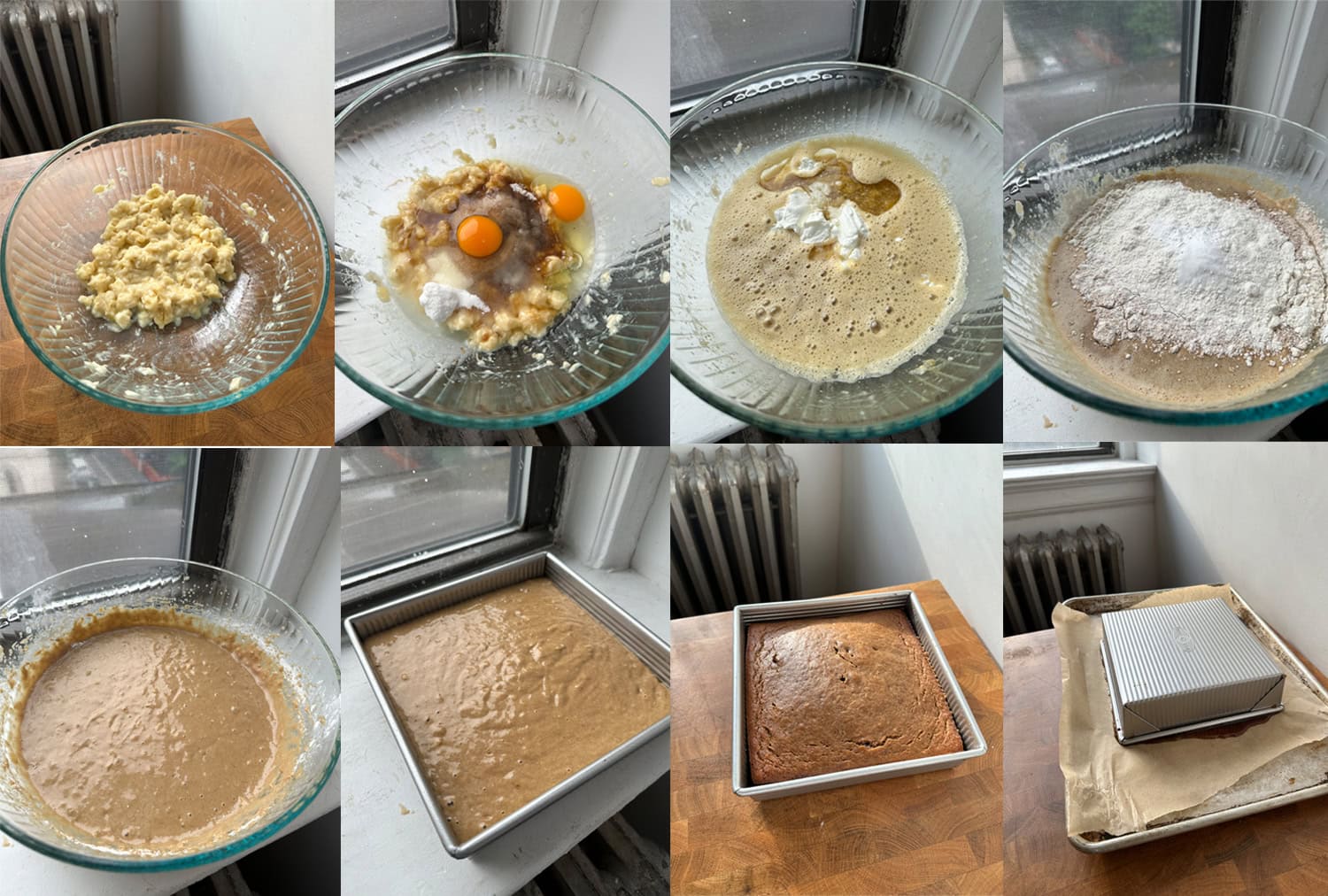 How to mix and bake a banana upside down cake in 8 images.