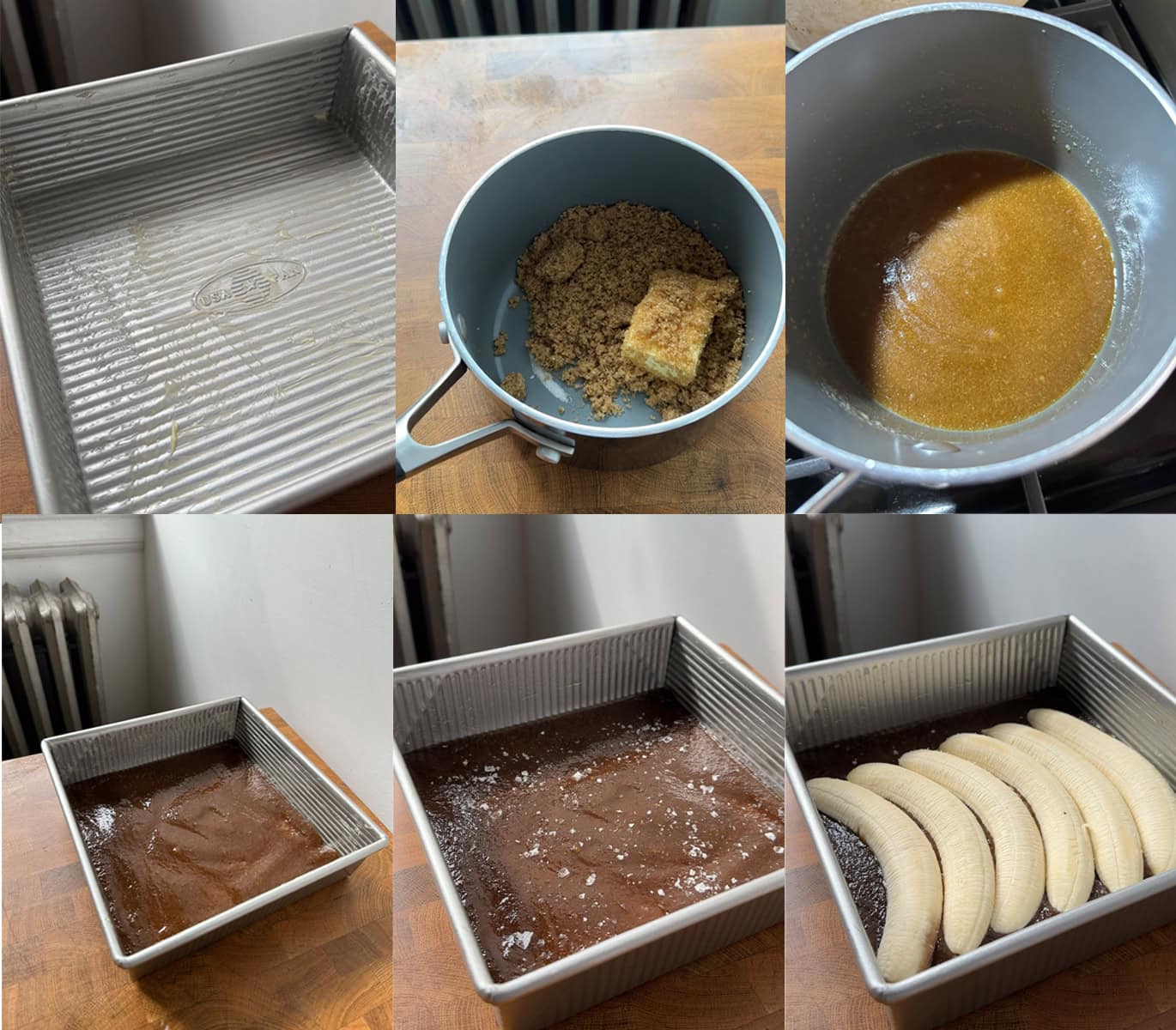 Step by step images showing the process of making the banana caramel layer.
