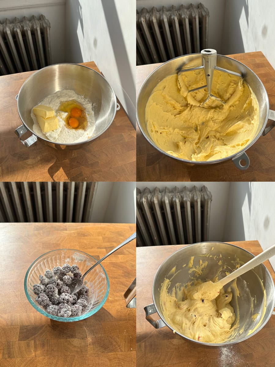 Process of mixing and prepping the lemon blackberry cake batter.