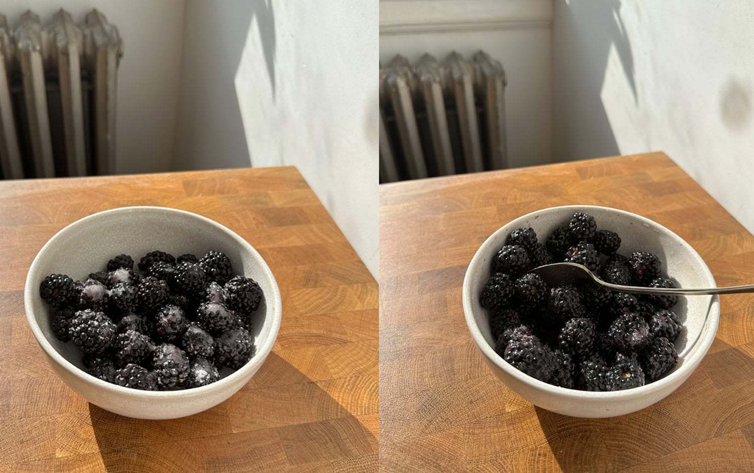 Blackberries tossed in sugar and lemon juice in a medium white bowl.