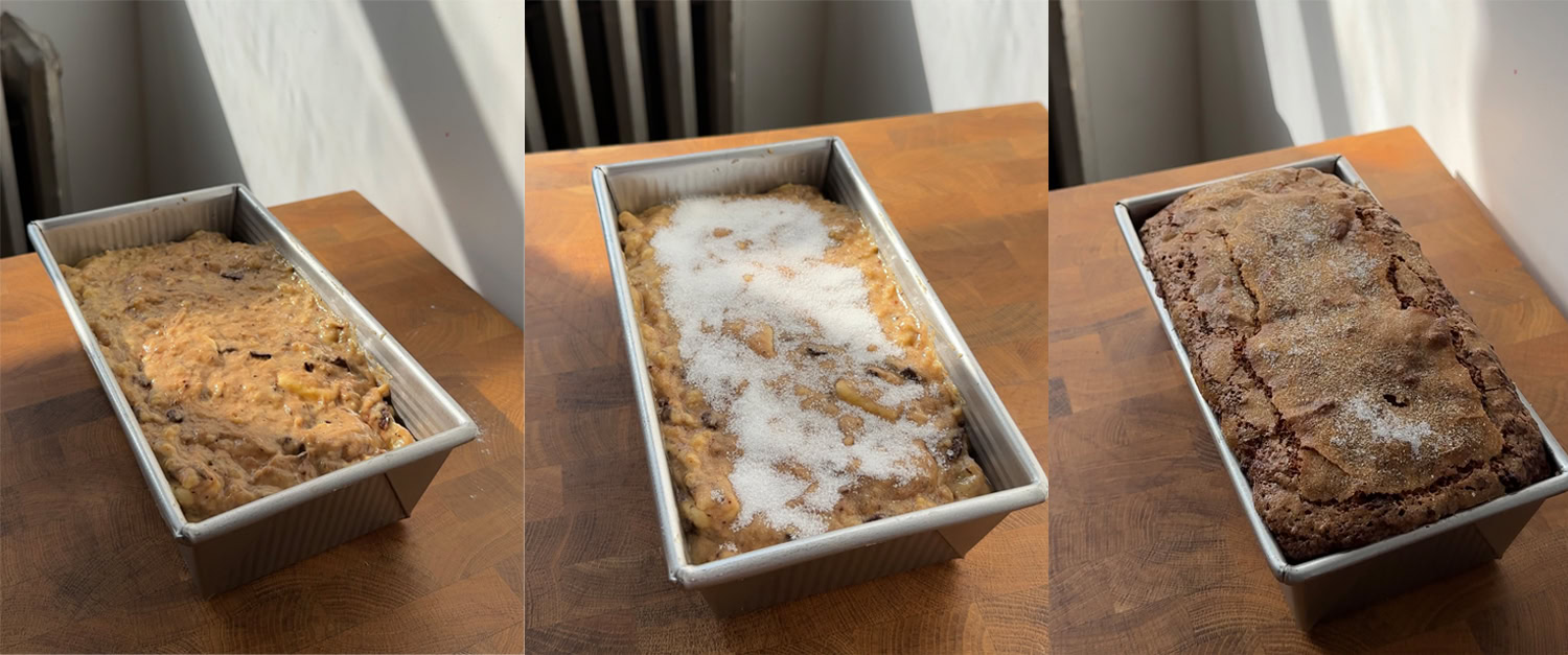 Raw and baked banana bread in a metal loaf pan.