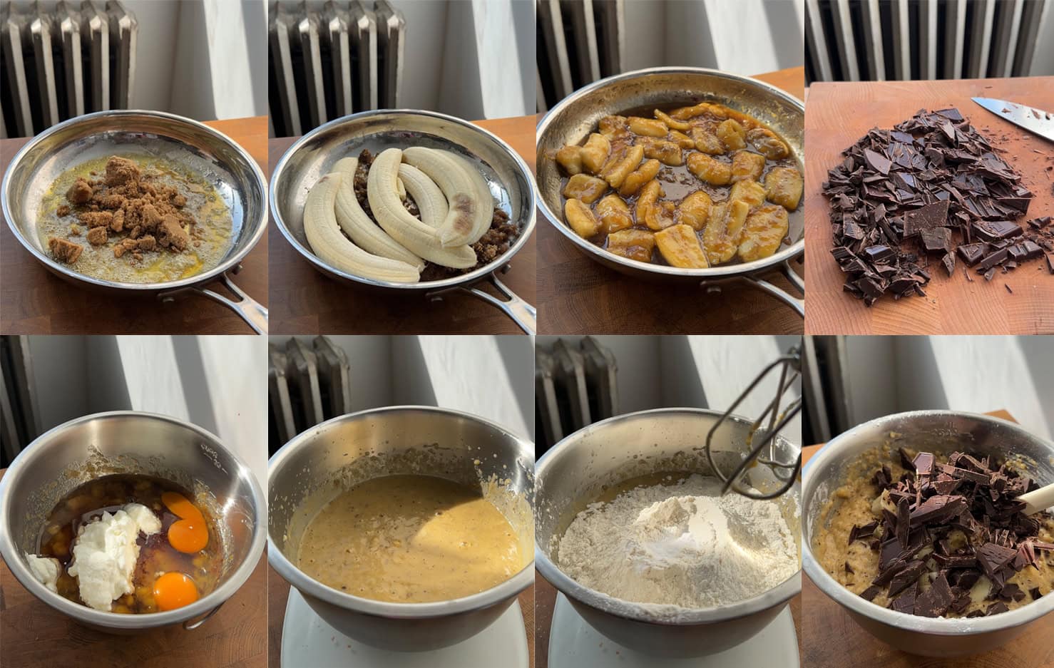 Step by step process of how to make and mix chocolate banana bread.