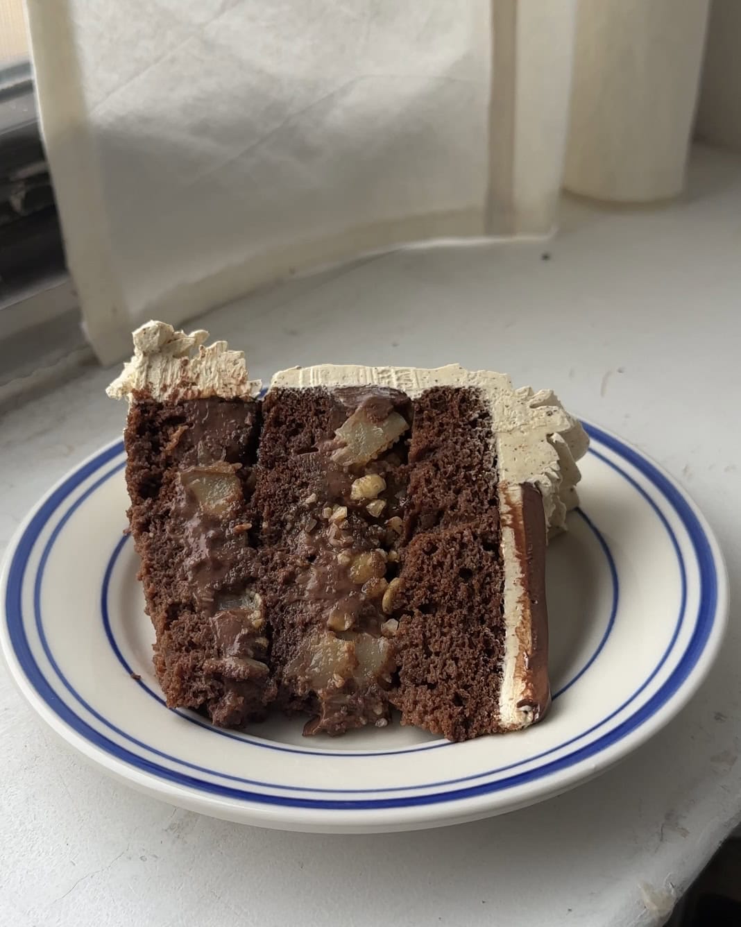 Side view of a slice of chocolate, pear, & hazelnut layer cake on a white and blue plate.