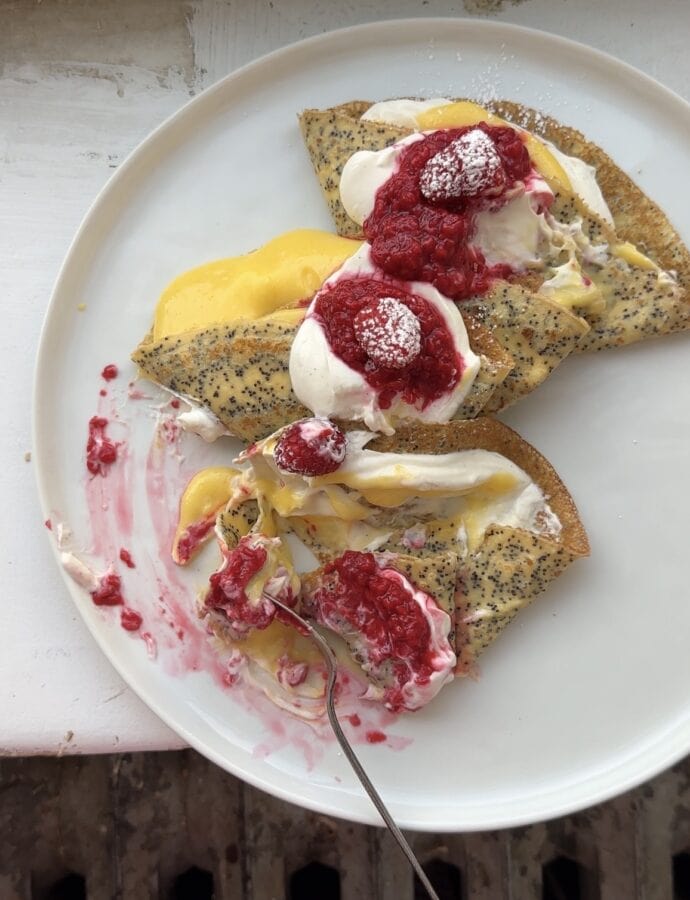 Lemon Poppyseed Crepes with Raspberries
