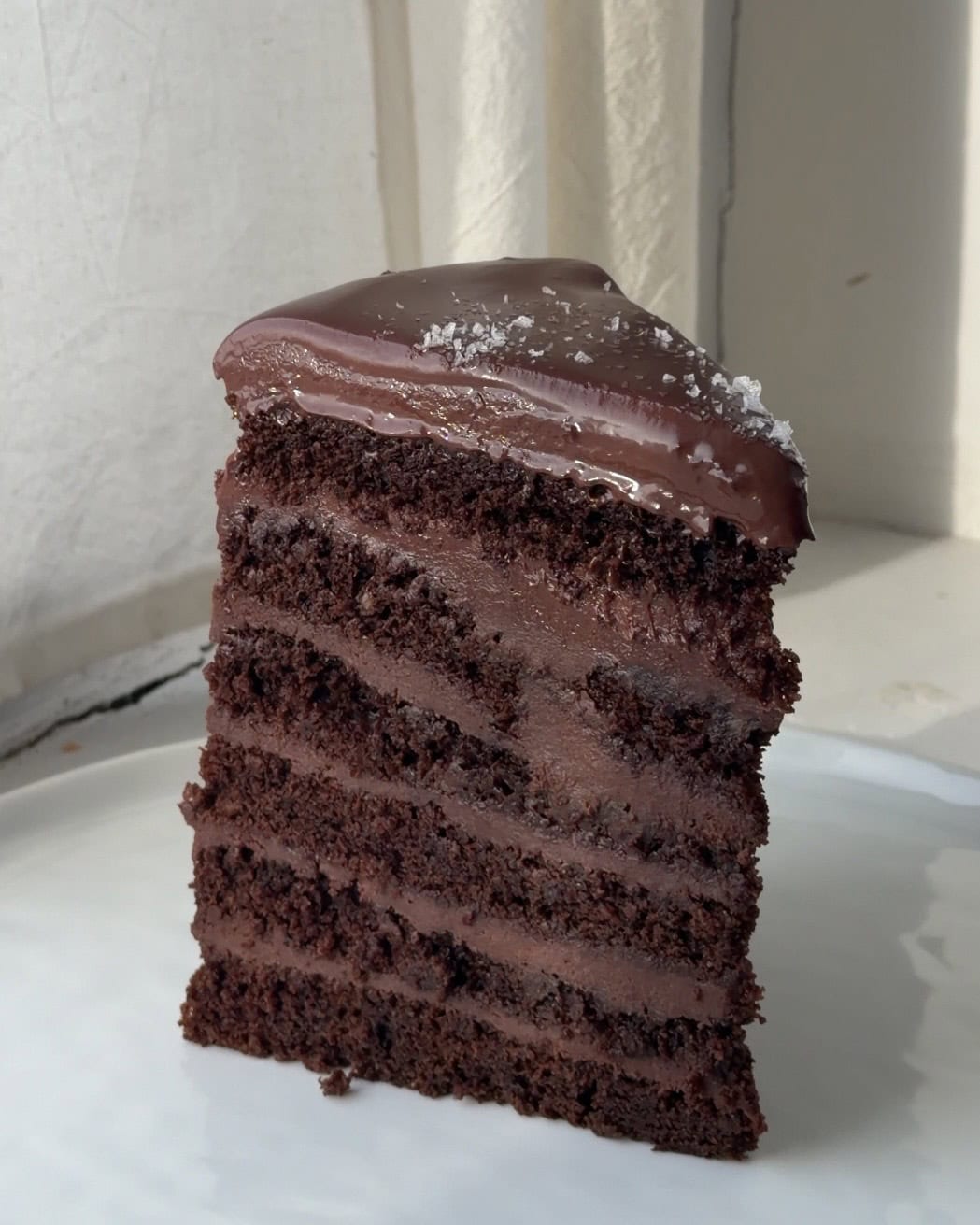 Side view of a slice of 12 Layer Chocolate Cake.