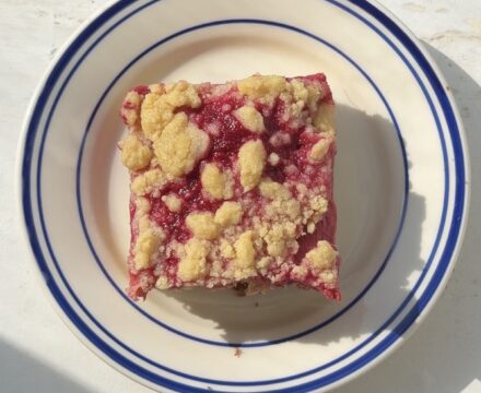 Overhead view of a slice of Rhubarb Raspberry Crumb cake on a white and blue striped plate.